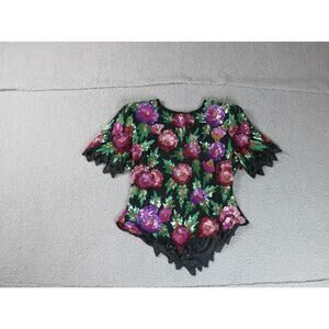 Laurence Kazar Beaded Top Womens Size Large Silk Floral Vintage Zip Up